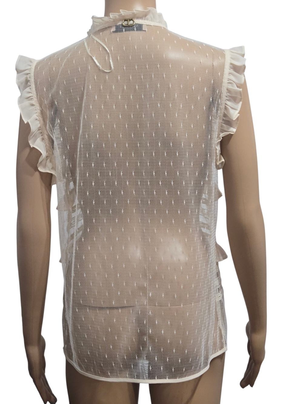 Twinset Milano Cream Lace Ruffle Blouse Sheer Swiss Dot Sleeveless  Top US Small - Picture 4 of 8